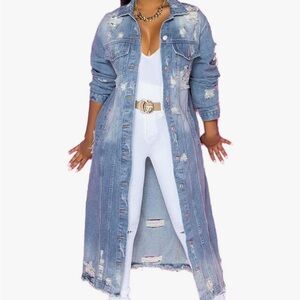 Women's Distressed Denim Long Jacket